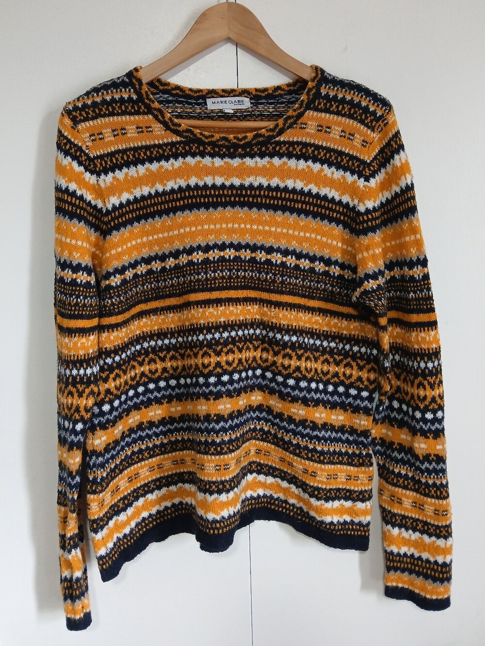 Marie Claire Fair Isle Knit Crewneck Mustard Black Nordic Fall Winter Sweater XL